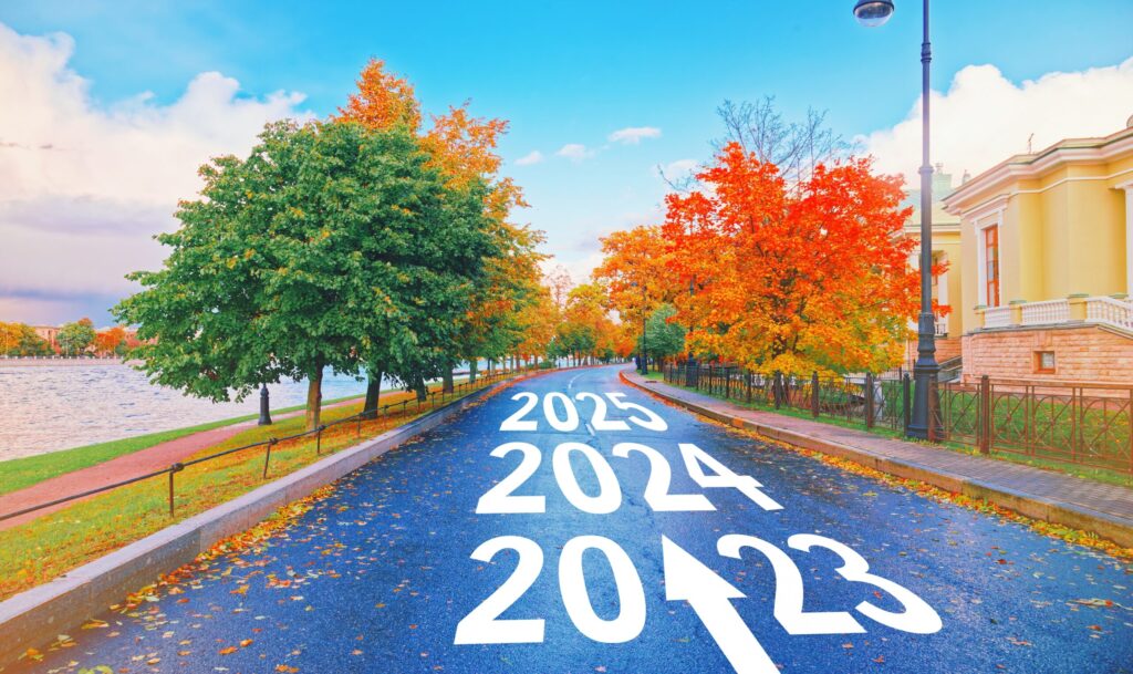 Automotive industry challenges represented by future years on the road.