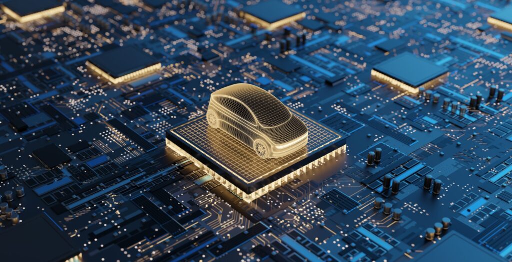 Software for electric vehicles represented by a car on a microchip.